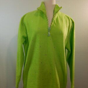 Quacker Factory Womens Fleece Green Rhinestone 1/4 Zip Pullover Sweater Size 1X